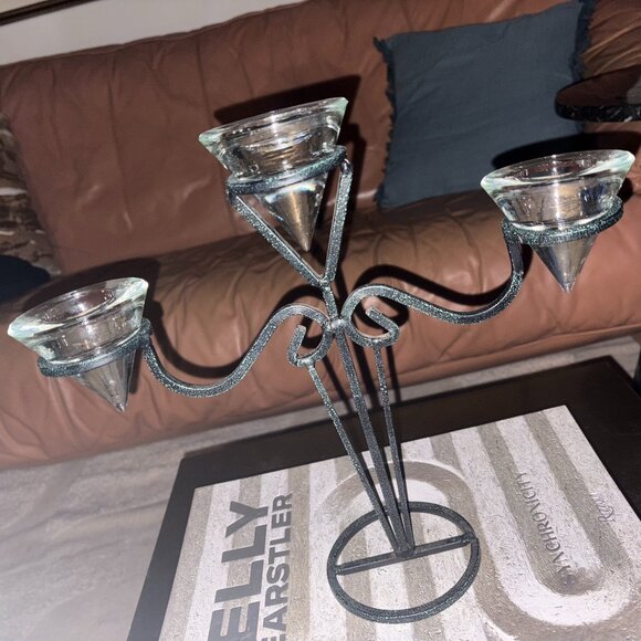 Vintage Green Speckle Metal Tea Light Candelabra with Glass Cones - Picture 1 of 8